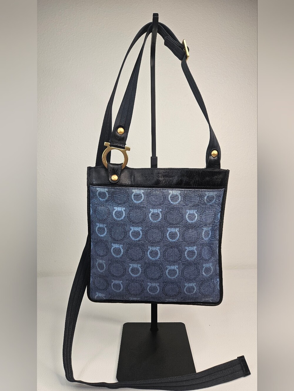 Authentic 80s Salvatore Ferragamo Gancini Blue Monogram Crossbody Shoulder Bag